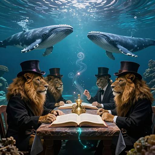 Photorealistic digital artwork: Two anthropomorphic lions in black suits and top hats, seated at a table with an open book and crown, underwater with
