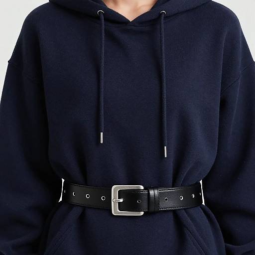 Photograph of a person wearing a black hooded sweatshirt with drawstrings, belted at the waist with a black leather belt featuring a silver buckle