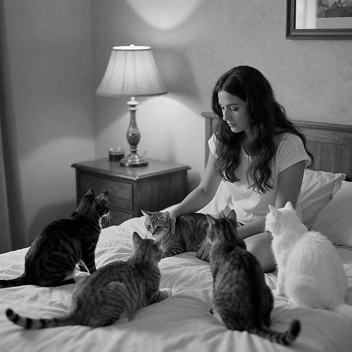 Black-and-White Woman Surrounded by Cats