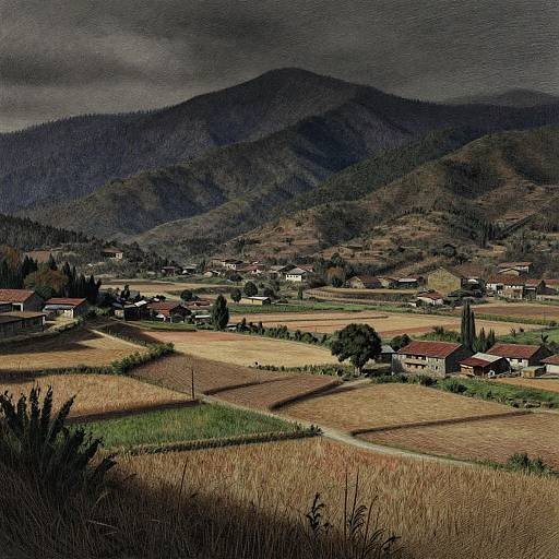 Photograph of a rural village with scattered houses, fields, and mountains under a dark, cloudy sky, casting dramatic shadows.