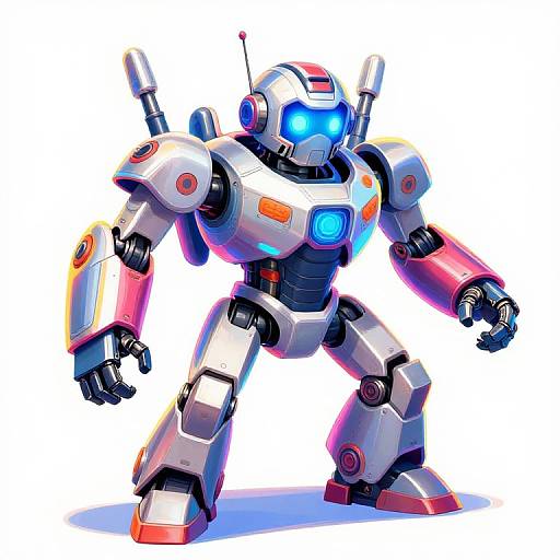 Digital art of a vibrant, futuristic robot with white and pink armor, blue glowing eyes, and antenna, standing in a dynamic pose on a white background