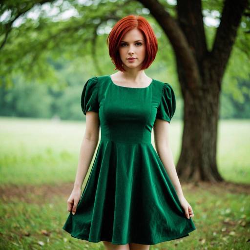 Red-haired woman in green dress outdoors