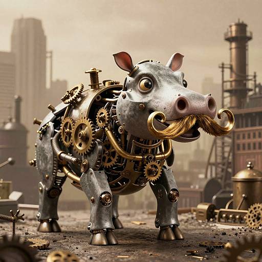Steampunk Mechanical Hippo with Mustache