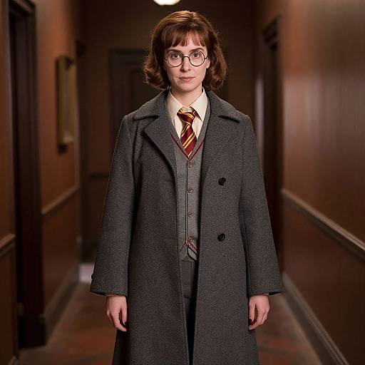 Photograph of a young woman with brown hair, glasses, wearing a gray overcoat, gray suit, white shirt, and striped tie, standing in
