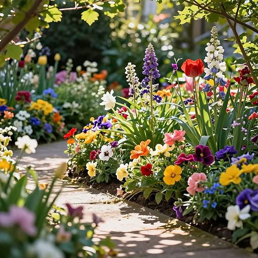 Vibrant garden pathway adorned with colorful flowers including red, yellow, purple, blue, and white blooms under sunlight filtering through greenery.