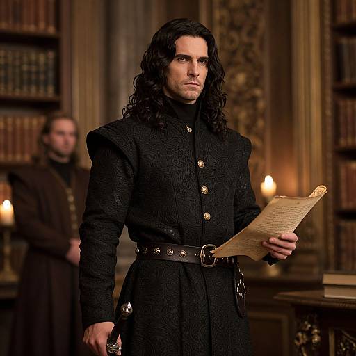 Photograph of a dark-haired man in a black, textured coat, holding a parchment in an ornate, candlelit library. Blurred background figure