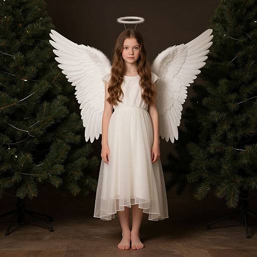 Photograph of a young girl with long brown hair, white angel wings, halo, and white dress, standing barefoot between two Christmas trees against a