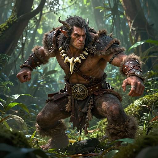 CGI fantasy forest scene: muscular, horned orc warrior with fur armor, bone necklace, and belt, crouching amid lush greenery and