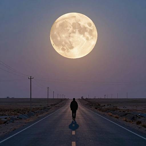 Silhouetted figure walking down deserted road under enormous, glowing full moon in twilight sky, with power lines and barren landscape.
