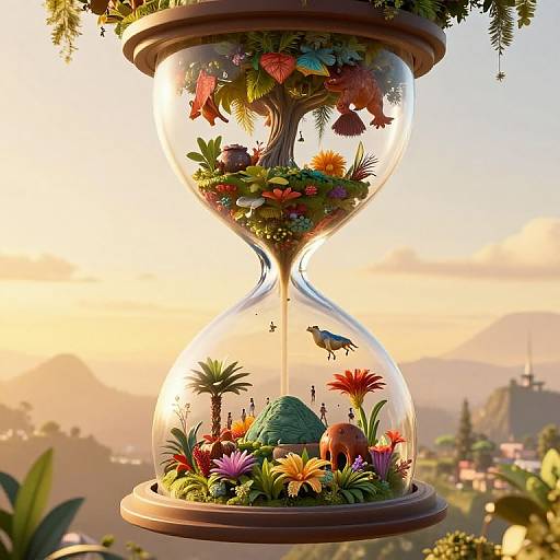 Surreal Civilization Inside Transparent Hourglass
