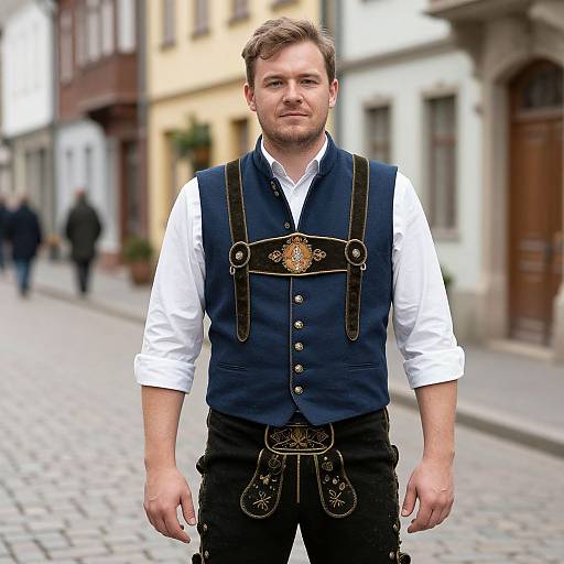 Photograph of a smiling Caucasian man with short brown hair, wearing a white shirt, blue vest with black leather trim, and black pants, standing on