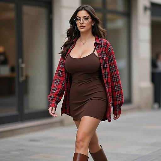 Photograph of a curvy woman with long dark hair, glasses, wearing a brown tank dress, red plaid shirt, and brown boots, walking