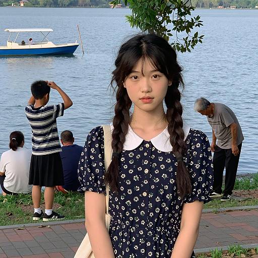 Girl in Floral Dress by the Lake