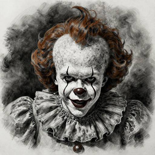 Digital drawing of a creepy clown with white face paint, dark makeup, red curly hair, ruffled collar, and black background.