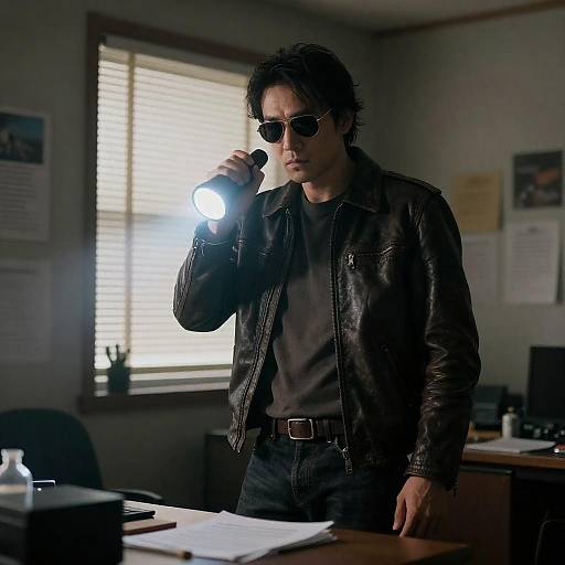 Mysterious Man with Flashlight in Shadows