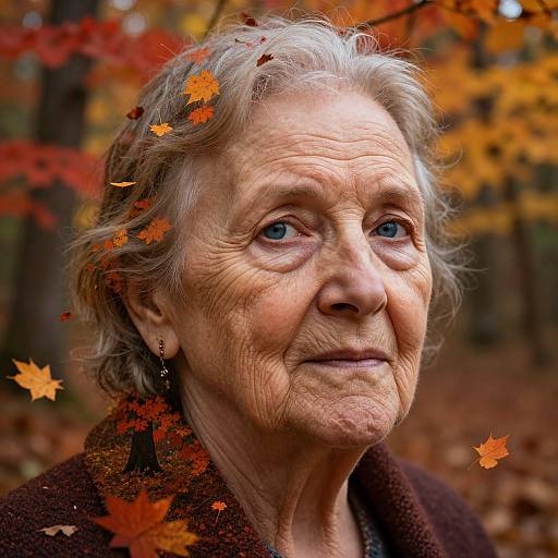 Photograph of an elderly woman with gray hair, blue eyes, and wrinkles, wearing a dark coat, surrounded by autumn leaves in a forest.