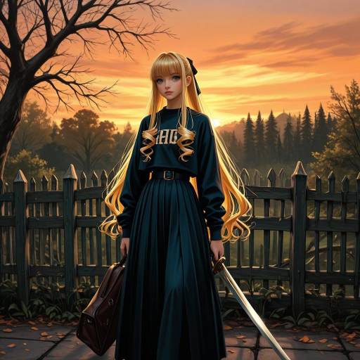 Anime Girl with Sword at Sunset