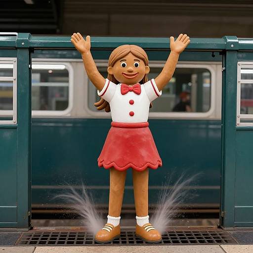 Photograph of a brown-skinned, cartoon-style girl with brown hair, white shirt, red skirt, and bow, standing on train platform with arms