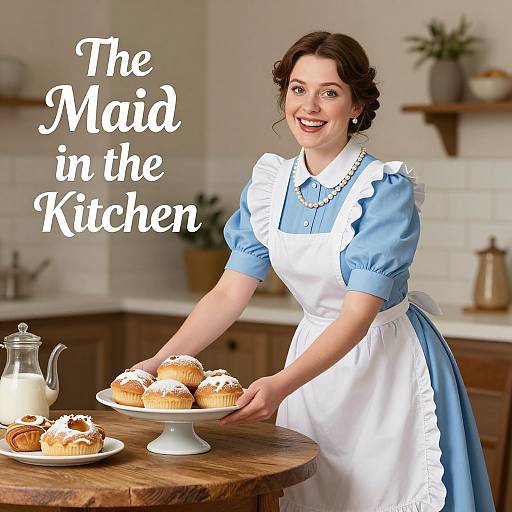 Photograph of a smiling woman in a blue maid dress with white apron, displaying homemade cupcakes on a wooden table in a cozy kitchen, text 
