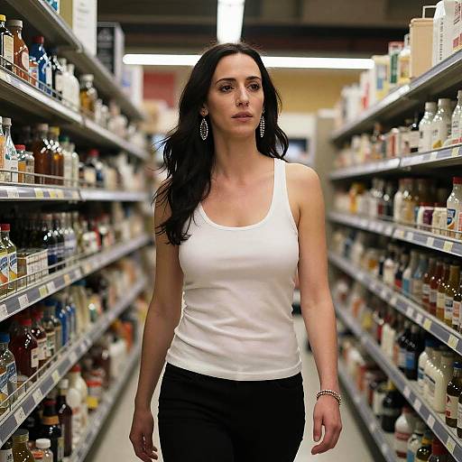 Photograph of a serious-looking woman with long black hair, wearing a white tank top and black pants, walking down a brightly lit liquor aisle with shelves
