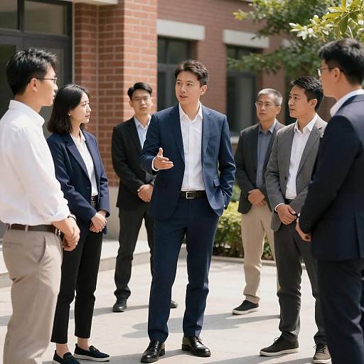 Man in Blue Suit Leads Outdoor Discussion