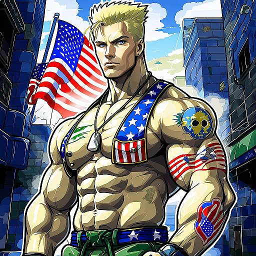 Illustration of Guile, street fighter in the style of Blue borscht