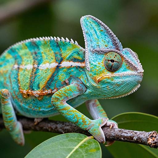 Photograph of a vibrant blue and green chameleon with detailed scales, sharp spikes, and large eye, perched on a branch with leafy background