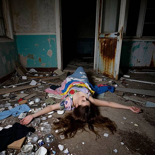 Photograph of a young woman with long brown hair, lying lifeless on a trash-filled, dilapidated floor, wearing a colorful dress, in
