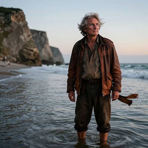 Photograph of an older man with gray hair, wearing a brown jacket and dark pants, standing in shallow ocean water at a rocky beach during sunset.