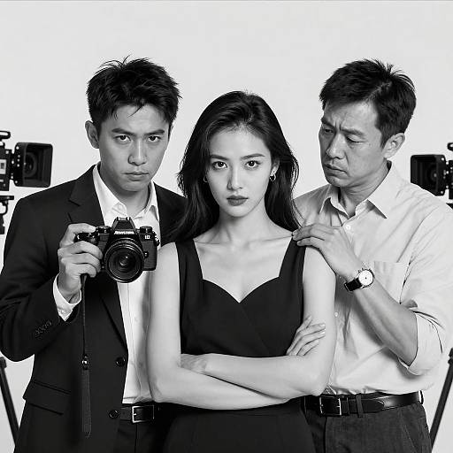 Black and white portrait of woman and two men with cameras