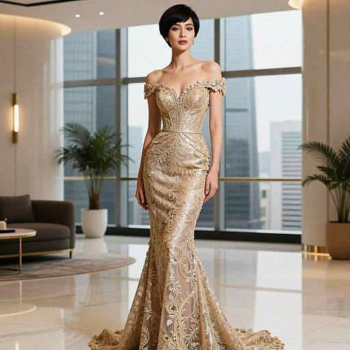 Photograph of a short-haired woman in a gold, off-shoulder, lace-embellished, form-fitting gown, standing in a