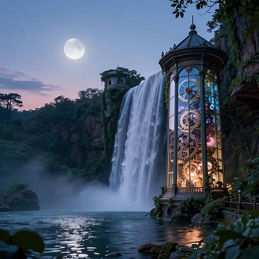 Photograph of a moonlit night with a illuminated, Victorian-style gazebo beside a cascading waterfall, surrounded by lush forest and misty water.
