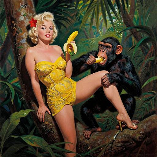 Vintage-style digital painting of a blonde woman in a yellow lace dress, red flower in hair, and high heels, sitting on a jungle tree, feeding