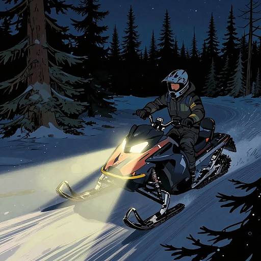 Nighttime snowmobile rider in black gear and helmet, with bright headlight beams, speeding through a dark, snow-covered forest. Digital art.