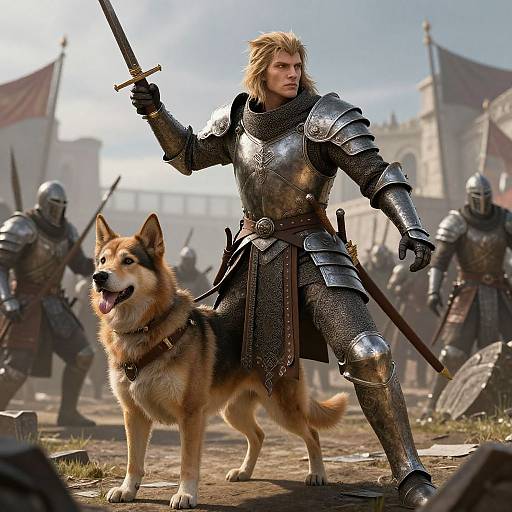 Photorealistic CGI of a blonde, armored warrior with a raised sword, standing beside a fierce, brown German Shepherd dog, surrounded by armed knights in