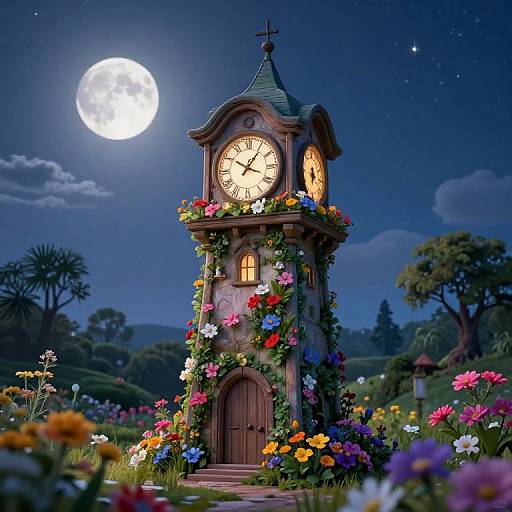 Enchanted clock tower adorned with colorful flowers under a glowing full moon in a vibrant, starry night garden. Digital art.