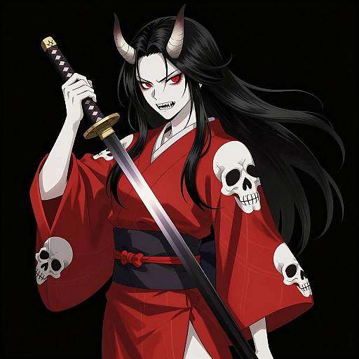 Intense Female Demon in Red Kimono