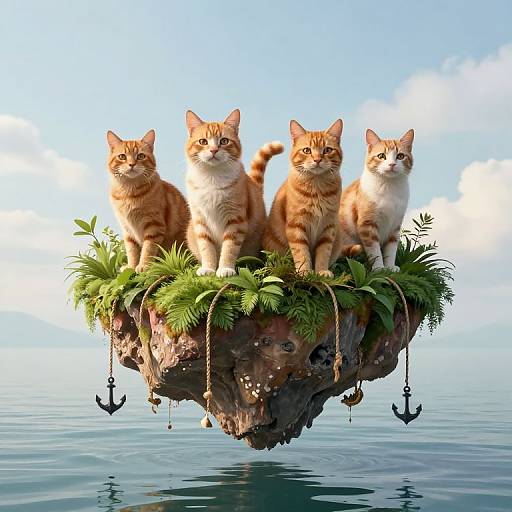 Photorealistic CGI of three orange tabby kittens sitting on a floating, moss-covered rock with anchors, above calm ocean water under a blue sky.