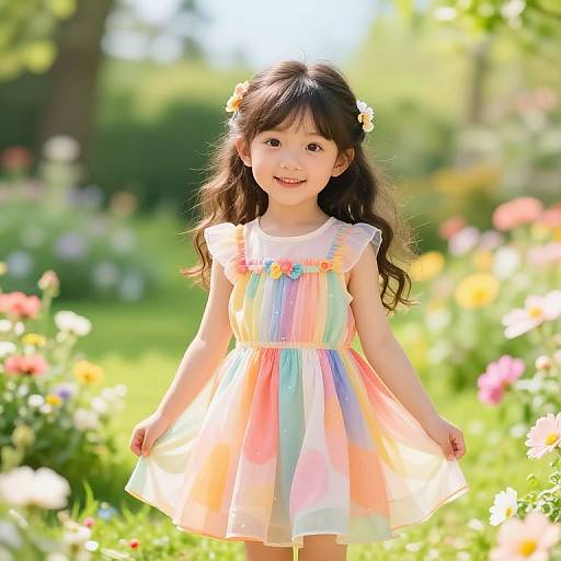 Joyful Girl in Sunlit Flower Garden