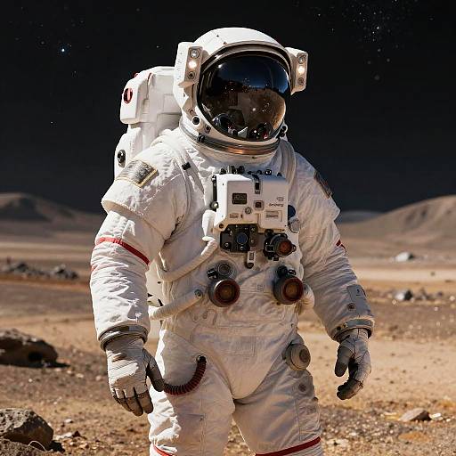 Photograph of an astronaut in a white spacesuit with a reflective helmet, walking on a rocky, barren lunar landscape under a dark, star-filled sky