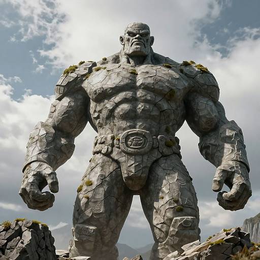Photorealistic digital artwork of a massive, stone-skinned, muscular male statue with defined abs, wearing a belt, standing in a rocky landscape under