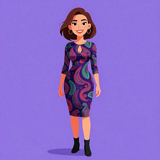 Digital illustration of a smiling woman with brown hair, wearing a dark blue, paisley-patterned dress, black ankle boots, and hoop earrings, standing