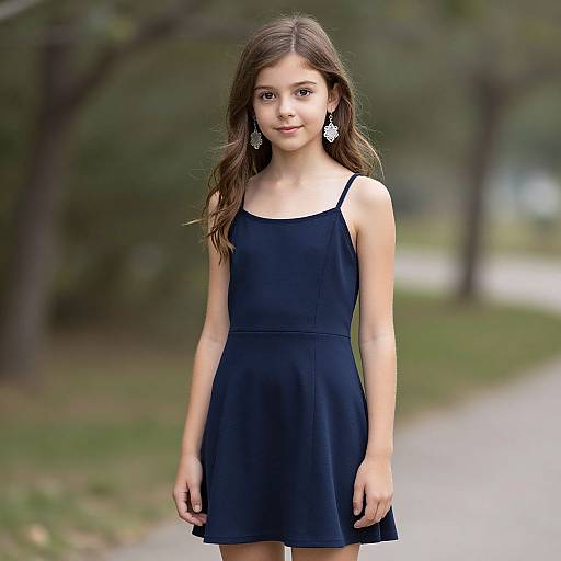 Photograph of a young woman with long brown hair, wearing a black sleeveless dress and large silver earrings, standing on a tree-lined path.