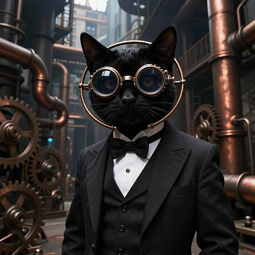 Steampunk black cat in a tuxedo with round goggles, standing in an industrial copper pipe-filled factory. Digital art.