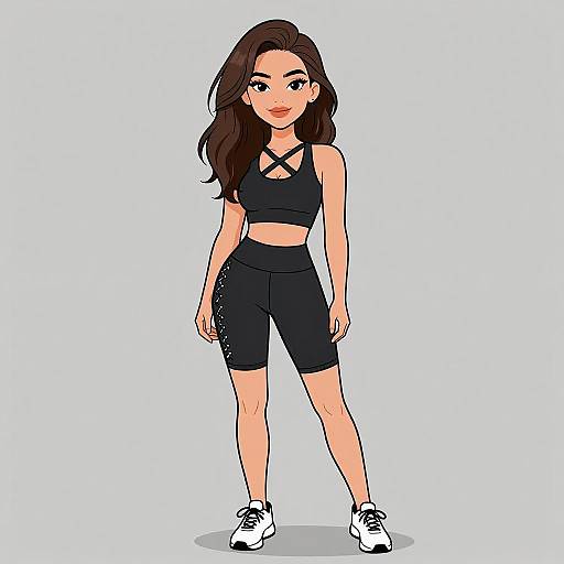 Digital illustration of a confident young woman with long brown hair, wearing a black sports bra with crisscross straps and black bike shorts, standing against a