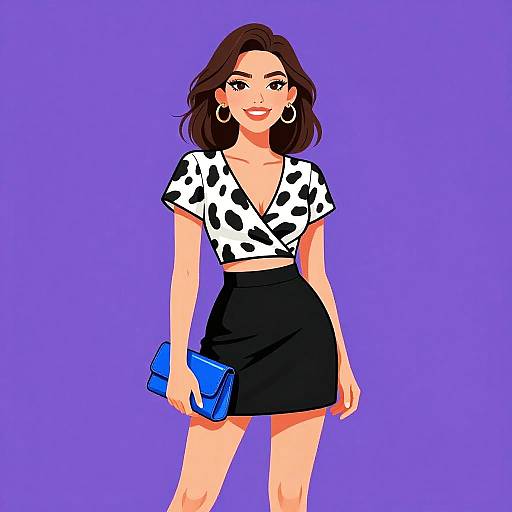 Digital illustration of a stylish woman with dark brown hair, wearing a cow-print top, black skirt, hoop earrings, and holding a blue clutch against a