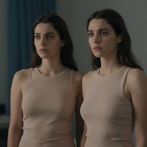 Two Women in Sheer Sleeveless Tops with Blue Curtains