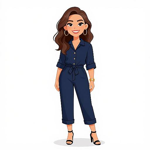 Digital cartoon of a smiling woman with long brown hair, wearing a navy blue jumpsuit, gold hoop earrings, and black high heels.
