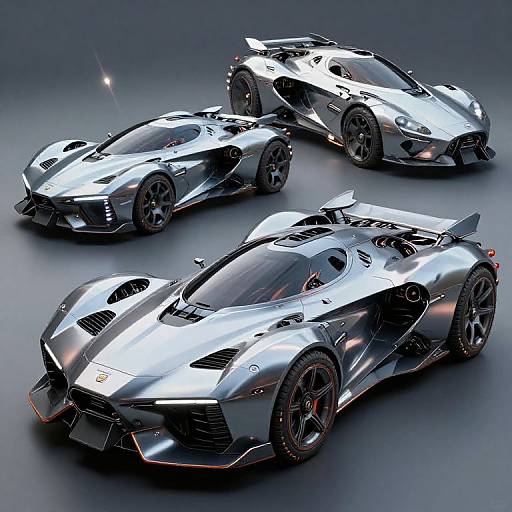 Photorealistic CGI of three sleek, silver, aerodynamic supercars with glossy finishes, black rims, and aggressive designs, set against a dark gradient