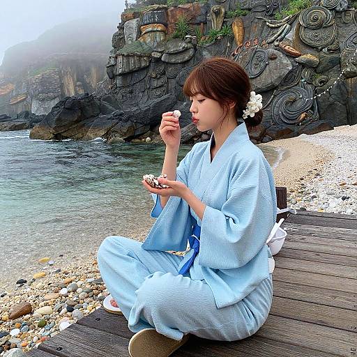 Young Japanese woman in light blue yukata, sitting on wooden dock, eating seaweed, rocky cliff and beach background, misty sky.